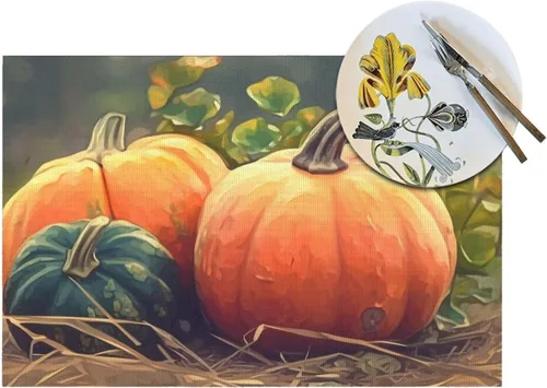 Miniatura 5 de Juego de 6 manteles individuales de PVC de cosecha de calabaza madura antideslizante, 12 x 18 pulgadas, juego de manteles individuales de granja