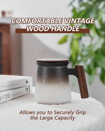 Miniatura 9 de ZENS Taza de té con infusor y tapa para té de hojas sueltas, taza de té de cerámica en relieve de 14.5 onzas con coladores finos y mango de madera