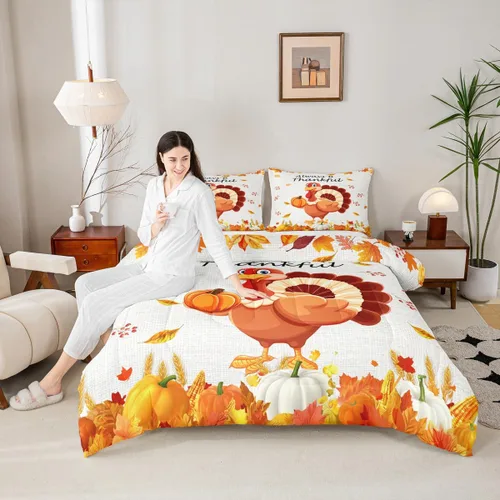 Miniatura 14 de Juego de edredón de cosecha de calabaza de otoño, tamaño individual, juego de ropa de cama de otoño con hojas de arce y girasol, decoración