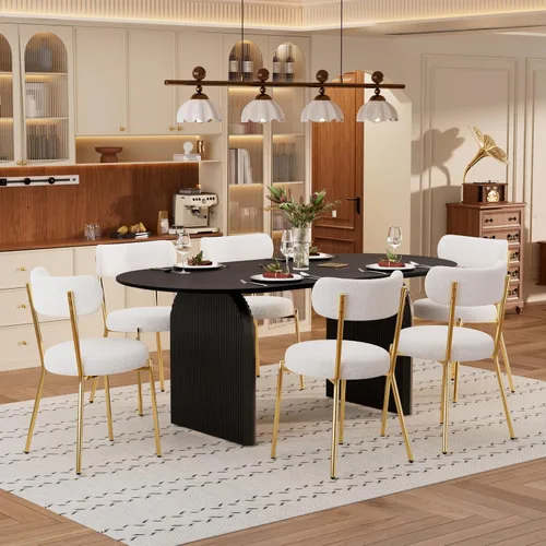 Miniatura 10 de Juego de mesa de comedor ovalada moderna de 70 pulgadas con 6 sillas de tela Boucle, mesa de MDF y base resistente a rayas, muebles de cocina