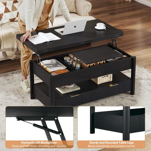 Miniatura 6 de HUAHUU Mesa de centro elevable de 40 pulgadas con almacenamiento, mesa de centro cuadrada 4 en 1 con compartimento oculto y estante abierto y 2