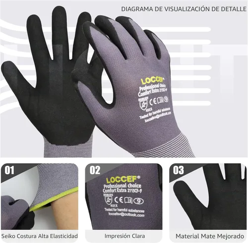 Miniatura 2 de LOCCEF - Guantes de trabajo con revestimiento de nitrilo de microespuma, 6 pares, guantes de nailon de punto sin costuras, guantes de trabajo grises