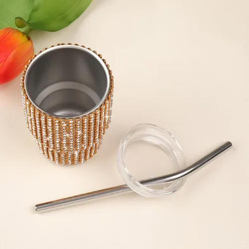 Miniatura 5 de INSTOME Vaso de chupito brillante de 3 onzas, mini tazas con tachuelas de diamantes de imitación con pajitas, brillo similar a un diamante para Oro
