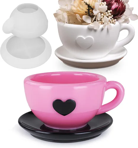 Wehous Juego de moldes de silicona con forma de taza de té y platillo, recipiente de resina creativa, bandeja de almacenamiento de frascos, soporte