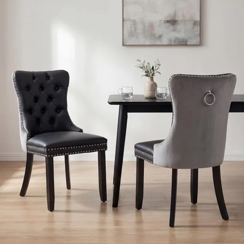 Miniatura 126 de OVENTA Juego de 4 sillas de comedor modernas tapizadas copetudas, terciopelo negro y gris y cuero con patas de madera maciza, sillas de cocina