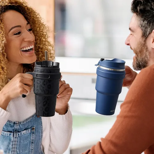 Miniatura 7 de Taza de café aislada de 20 onzas con asa, vaso de viaje de acero inoxidable con tapa y popote, taza térmica de doble pared al vacío a prueba