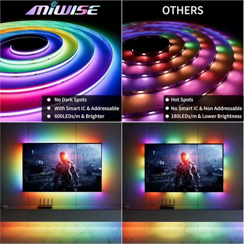Miniatura 8 de MIWISE Tira de luces LED RGB Smart IC COB de color de persecución, tira de luz LED USB direccionable, efecto arcoíris con sincronización de música
