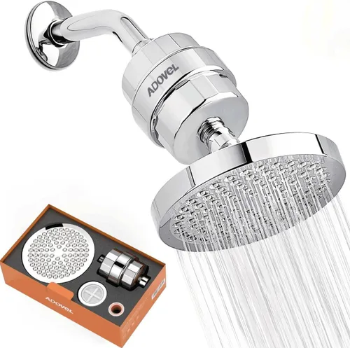 ADOVEL - Cabezal de ducha de alta potencia y filtro de agua dura, filtro de ducha de 15 etapas elimina el cloro y sustancias nocivas, cabezal de