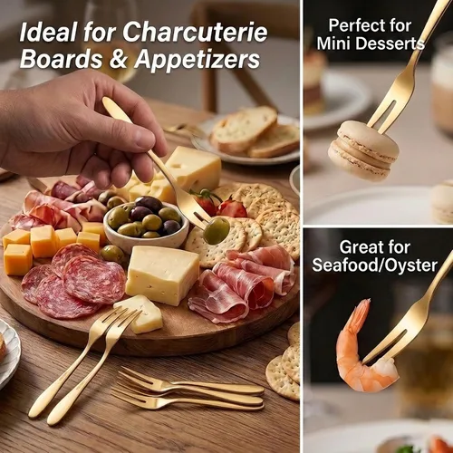 Miniatura 5 de Marfia - Tenedores de postre de acero inoxidable SUS304 de 6 piezas de oro para postres de 5.51 pulgadas, tenedores pequeños para aperitivos