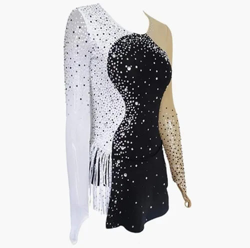Miniatura 3 de Vestido de competición de patinaje sobre hielo para adultos, patrones blancos y negros para coser, manga larga, vestido de patinaje artístico