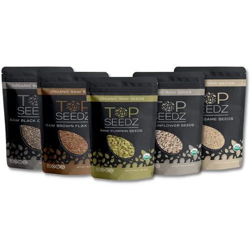 Top Seedz Semillas de calabaza, girasol, sésamo, lino y chía crudas orgánicas certificadas por la USDA | Para dieta sin gluten, vegana, keto, sin