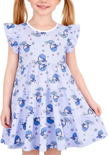 Miniatura 10 de Vestido casual para niñas, de algodón suave, manga corta, transpirable, acampanado, para adolescentes, talla 2T, 3T, 4T, 5, 6, 7, 8, 9, 10, 12, 13