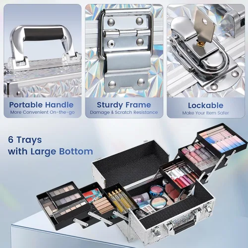 Miniatura 3 de Frenessa - Maletín de maquillaje portátil de 12 pulgadas, 6 bandejas de maquillaje, organizador de maquillaje profesional con llaves con cerradura