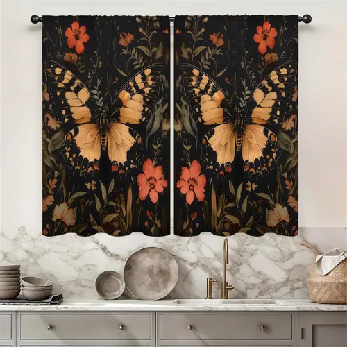 Miniatura 9 de Cortinas de cocina vintage retro de madera, con bolsillo para cortinero, 27.5 pulgadas de ancho x 39 pulgadas de largo, 2 paneles de flores blancas