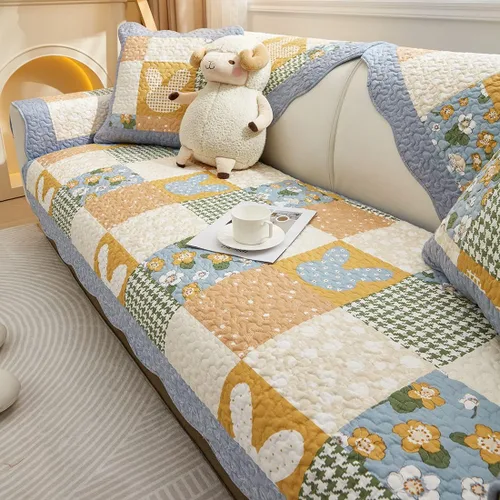 Miniatura 8 de Funda de algodón con retazos para sofá, funda acolchada con estampado floral de granja para sofá modular, funda antideslizante para sofá seccional