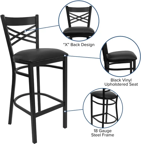 Miniatura 5 de Flash Furniture HERCULES Series Black ''X'' Back Metal Restaurant Barstool - Asiento de vinilo negro Asiento de vinilo negro/marco de metal negro