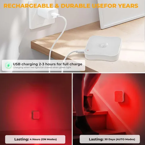 Miniatura 7 de Luces nocturnas rojas con sensor de movimiento, luces recargables con batería, luces rojas magnéticas para ayuda al sueño, baño, recámara, escalera