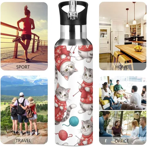 Miniatura 5 de Gray White Cats Red Floral Insulated Stainless Steel Water Bottle with Straw 20 Oz, BPA-Free Sports Water Bottle with Straw Leakproof Water Bottles