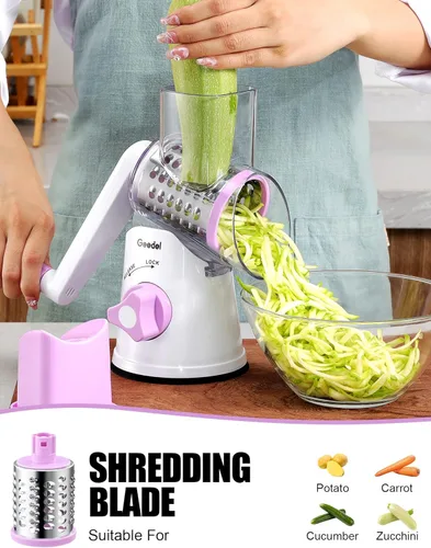 Miniatura 4 de Rallador de queso giratorio Geedel, rallador de mandolina de cocina para vegetales con 3 cuchillas intercambiables, rallador giratorio fácil