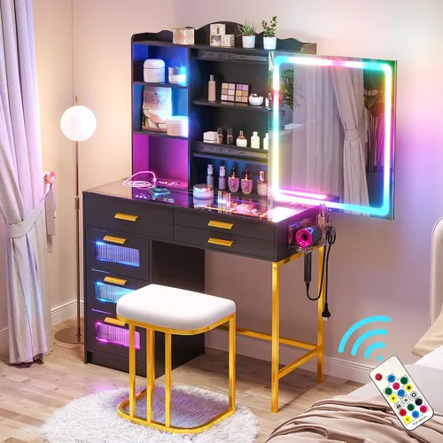 Miniatura 15 de HNEBC - Mesa de tocador RGB con espejo y luces, mesa de maquillaje con espejo LED y estación de carga USB/inalámbrica, juegos de mesa de tocador