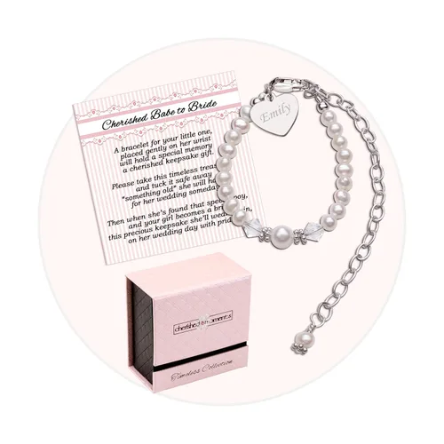 Cherished Moments Pulsera personalizada de recuerdo de bebé a novia con corazón grabado en plata de ley 925 y perlas cultivadas para bebé niña
