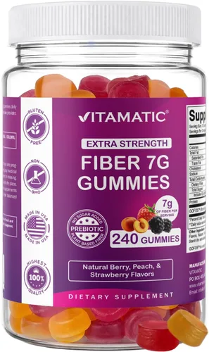 Vitamatic Gomitas de fibra prebiótica para adultos, 7G de fuerza extra, sin azúcar añadida, 240 gomitas a base de pectina, apoyo para la salud