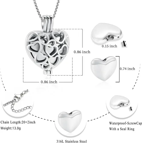 Miniatura 9 de Collar con medallón de cremación conmemorativa con corazón eterno con mini urna para cenizas de seres queridos