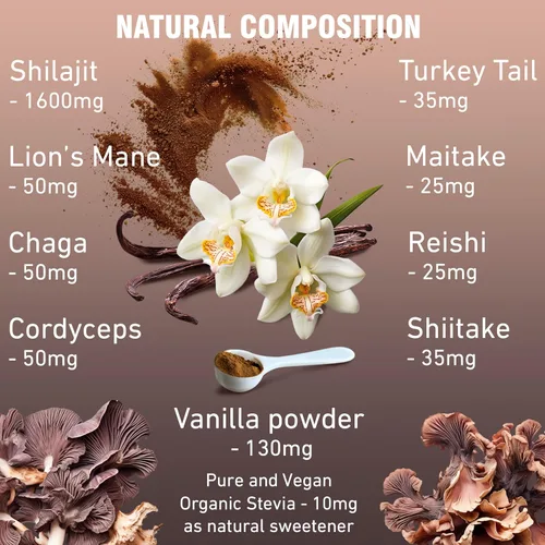 Miniatura 5 de Gold Shilajit Polvo y 7 complejo de hongos – Energía, enfoque y apoyo cerebral – Melena de león, Chaga, Reishi, Cordyceps, cola de pavo – Sabor a