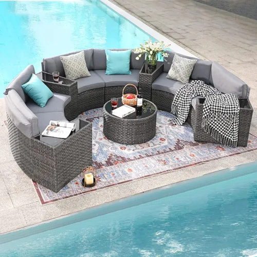 Miniatura 8 de SUNSITT Muebles de patio para exteriores, 11 piezas, juego de muebles de patio redondos seccionales de media luna, sofá curvado para exteriores