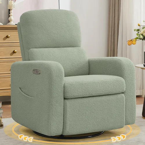 Miniatura 11 de Mecedora Reclinable Giratoria, Reclinable Eléctrico de Gran Tamaño con Cojín Removible, Sillas de Guardería Reclinables Giratorias Tapizadas