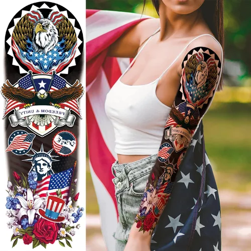 Miniatura 3 de Mangas temporales para tatuaje del 4 de julio para hombres y mujeres, 4 hojas grandes de brazo completo de Estados Unidos, patriótico 4 de julio