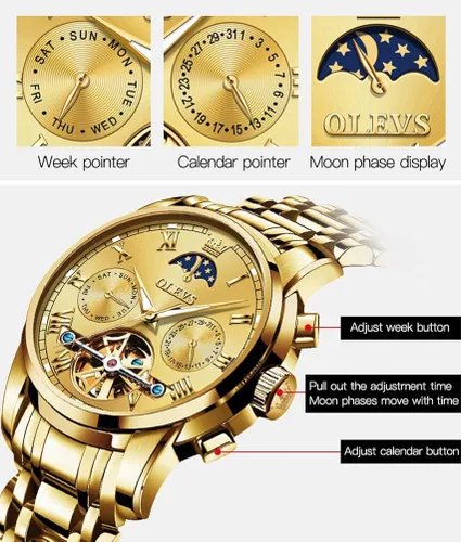 Miniatura 4 de OLEVS Relojes automáticos para hombre, diseño de esqueleto Tourbillon, cuerda automática, de lujo, a la moda, reloj de pulsera, fase lunar, día