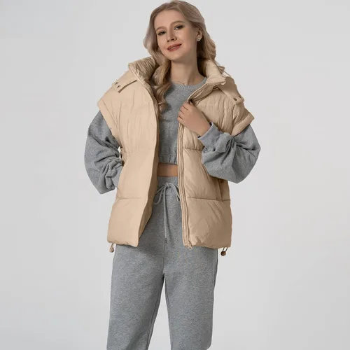 Miniatura 38 de Shiyifa Chaleco acolchado para mujer, chaqueta de gran tamaño, sin mangas, ligera, con cremallera, con capucha desmontable