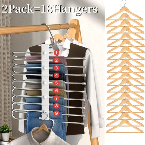Miniatura 3 de Perchas para pantalones de 9 niveles que ahorran espacio, paquete de 2 organizadores multifuncionales de acero inoxidable para armario para Blanco