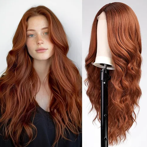 Miniatura 11 de EMMOR Peluca larga y ondulada marrón mixta para mujer, pelucas de encaje frontal, aspecto natural, 26 pulgadas, parte media, peluca rizada