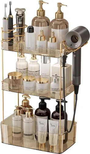 Miniatura 17 de Akinbas Organizador de baño de 3 niveles, bandeja de perfume de maquillaje, organizador de cuidado de la piel para tocador de baño (dorado)