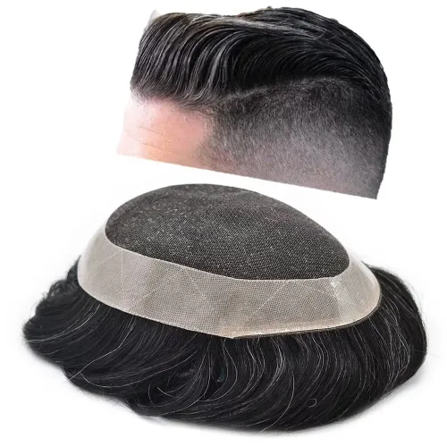 Miniatura 9 de Tupé para hombres, sistema de cabello humano, encaje francés suave con PU para hombre, extensiones de pelo de piel fina para hombres, pelucas