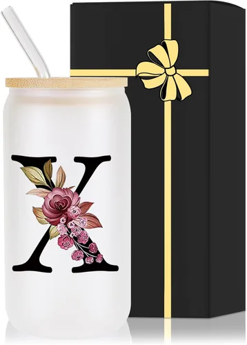 Miniatura 27 de Vaso de vidrio con monograma con tapa de bambú, popote personalizado, vaso de café helado de 16 onzas, tarro transparente de masón, cerveza, agua