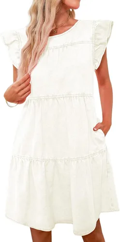 luvamia Vestido de mezclilla 2025 para mujer, estilo babydoll de verano, sin mangas, manga con volantes, vestido plisado suelto con vuelo