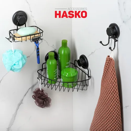 Miniatura 4 de HASKO accessories Organizador de ducha de esquina con ventosa con ganchos, organizador de baño de acero inoxidable, cesta de ducha montada