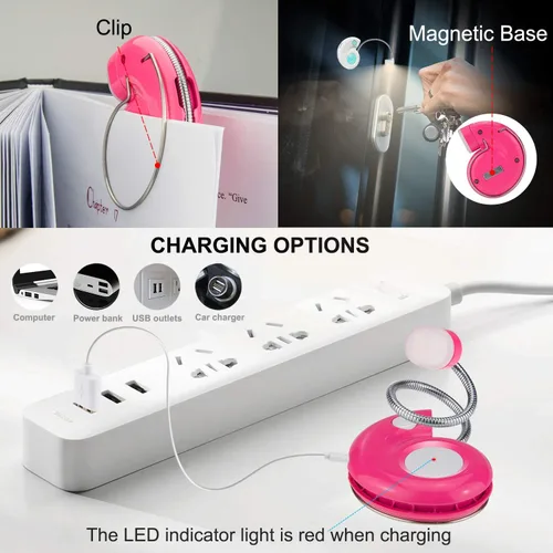 Miniatura 6 de Luz de libro, lámpara LED de lectura con clip, recargable por USB, 3 brillos regulables, magenta