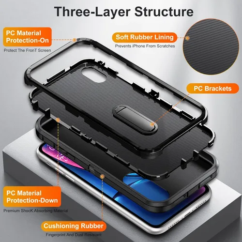 Miniatura 8 de IDweel Funda para iPhone XR, color negro para iPhone XR con soporte para hombres, protección resistente a prueba de golpes, antiarañazos, ajuste