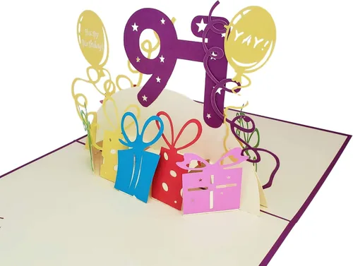 Miniatura 4 de iGifts And Cards Tarjeta emergente 3D de cumpleaños 91 – Regalos coloridos y celebración de hitos de globos – Saludo sincero para personas mayores