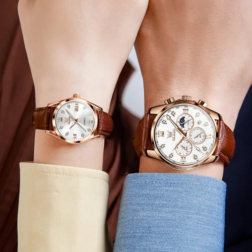 Miniatura 28 de OLEVS Juego de 2 relojes de cuarzo para parejas de San Valentín, para él y ella, cronógrafo de cuero, con diamantes para hombres, mujeres, amantes