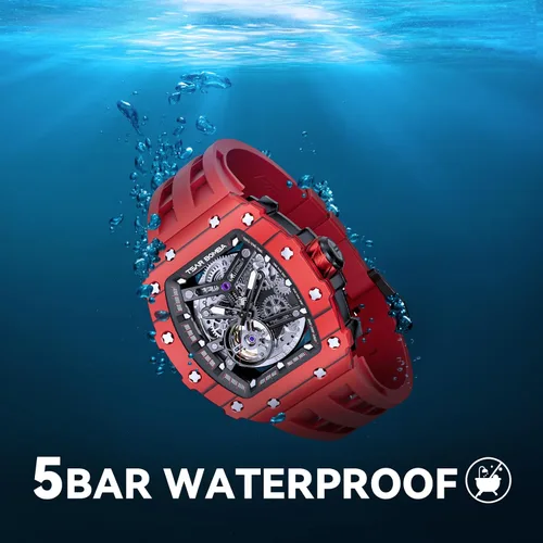 Miniatura 8 de Reloj para hombre, reloj mecánico automático de esqueleto para hombre, 164.0 ft, impermeable, de lujo, Tonneau, cuadrado, esfera grande, con correa