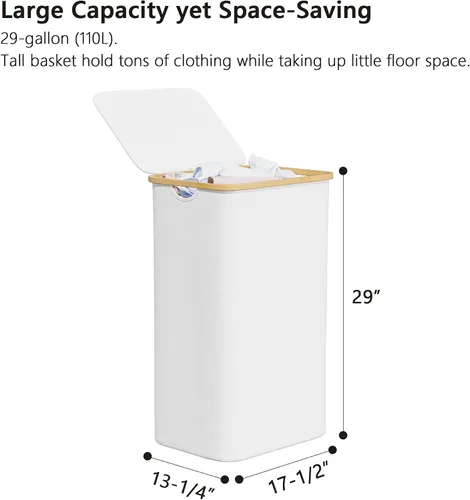 Miniatura 5 de SUOCO Cesta de lavandería con tapa, cesta de ropa de 29 galones (110 litros) con asas de bambú, cesta grande plegable para la ropa sucia para Blanco