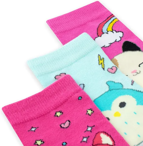 Miniatura 5 de Squishmallows Calcetines de algodón para niños, paquete de 3, paquete de 3, Squish Squish Squad para niñas, paquete de 3