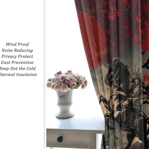 Miniatura 6 de Cortinas opacas abstractas japonesas samuráis para dormitorio, caballo samurái rústico, rojo, ojal, aislamiento térmico, cortinas de oscurecimiento