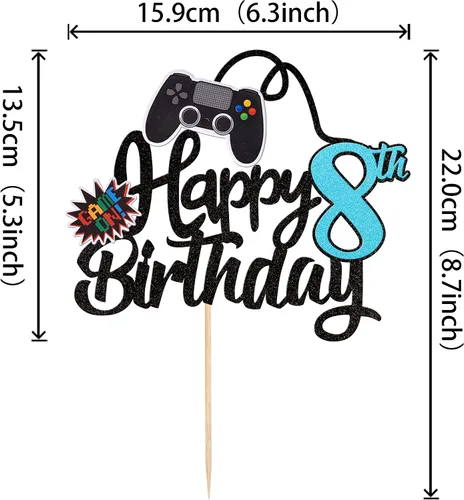 Miniatura 2 de 1 pieza de decoración para pastel de videojuegos Feliz 8vo Cumpleaños con purpurina, palillo para pastel de videojuegos Game On con controladores