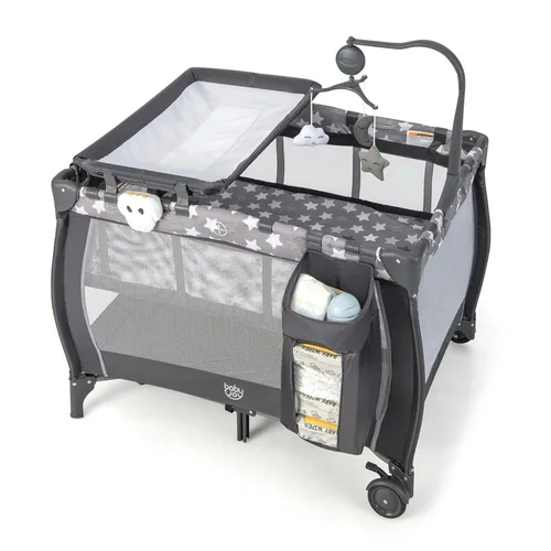Miniatura 11 de Costzon 3 en 1 Rosa Pack and Play con Moisés, Corralito Portátil para Bebé con Mesa Cambiadora, Caja de Música, Juguetes Giratorios, Ruedas/Freno